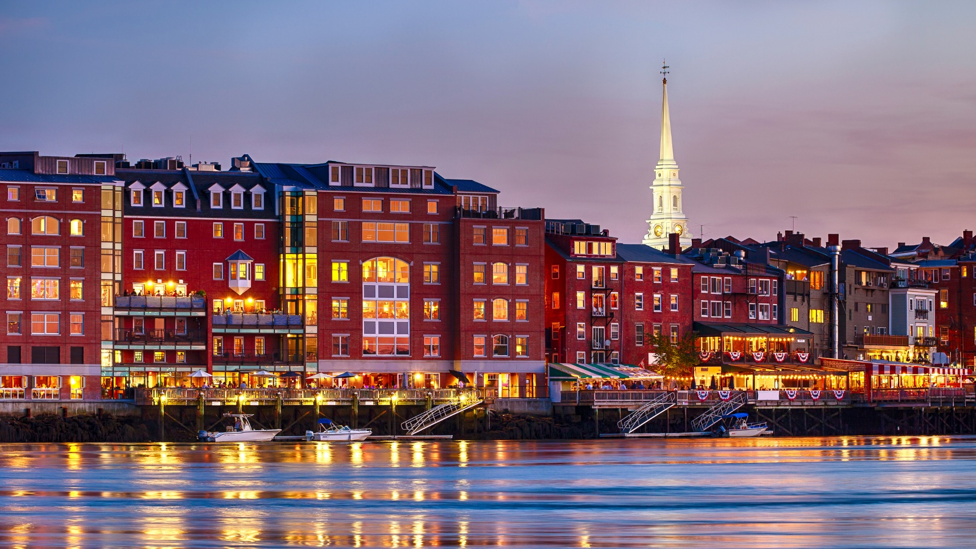 Portsmouth, New Hampshire waterfront at dusk along the Piscataqua River